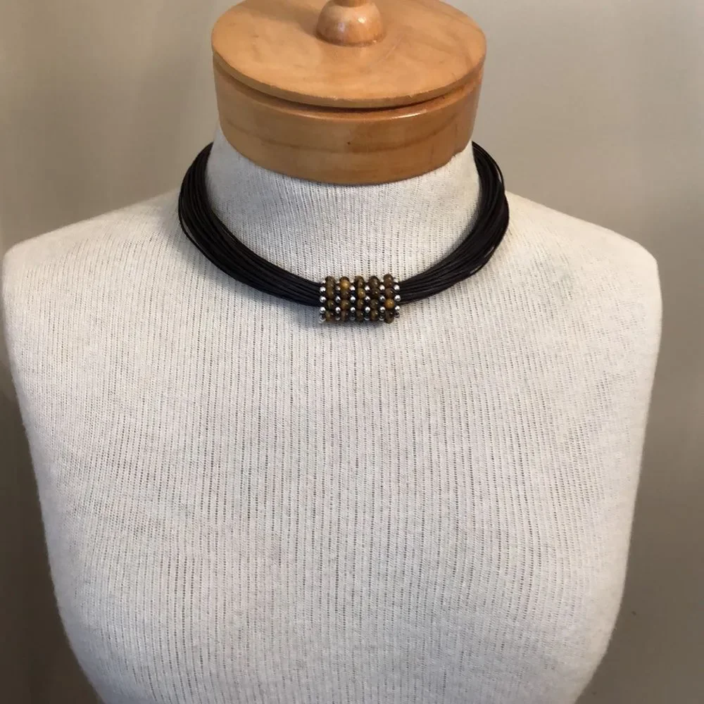 Waxed Brown Cord Necklace with Silver & Tigers Eye Beads, Sterling End Caps